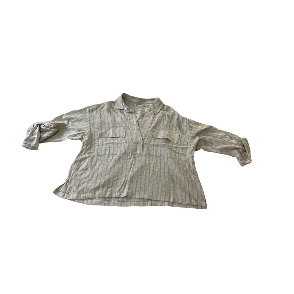 Max Studio London Striped Linen Blend Top Shirt Women's Large L Collar Roll Tab